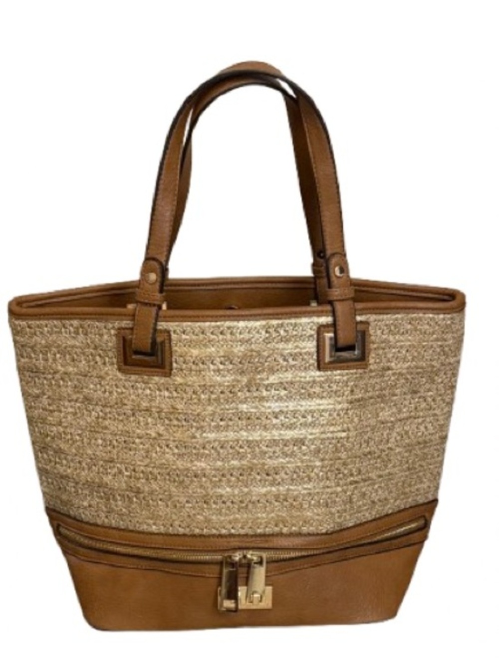 Dune London Straw Faux Leather Tote Bag Tan Large Summer Beach NWOT
